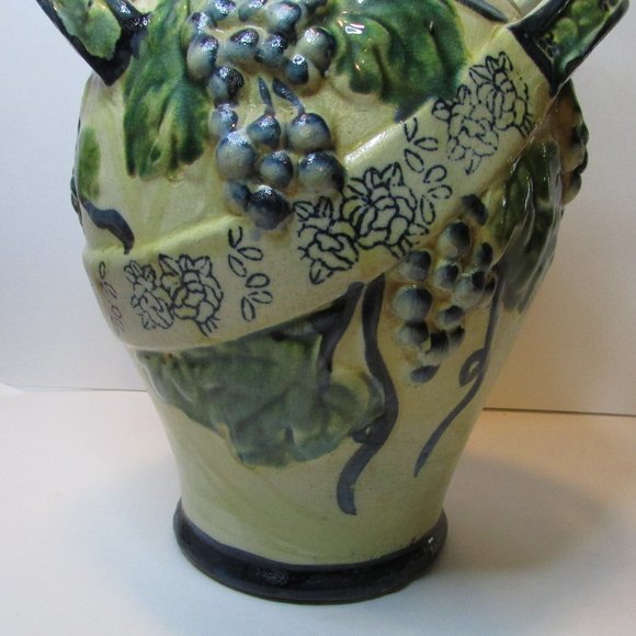 Vintage majolica glazed pottery vase with handle grape design home decor - Picture 7 of 10